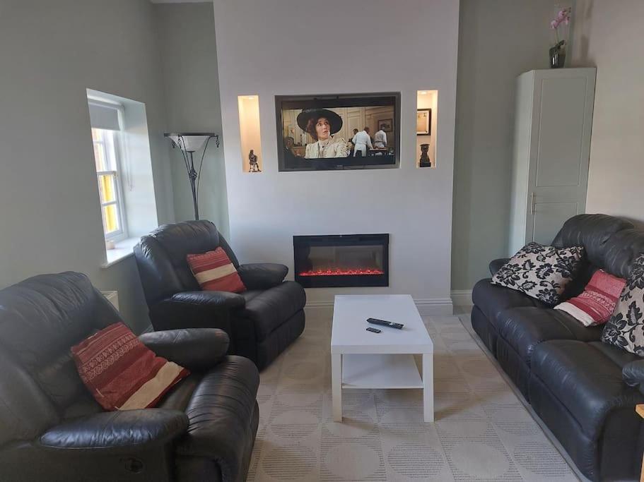 a living room with two leather couches and a fireplace at Castle Chalets in Cork