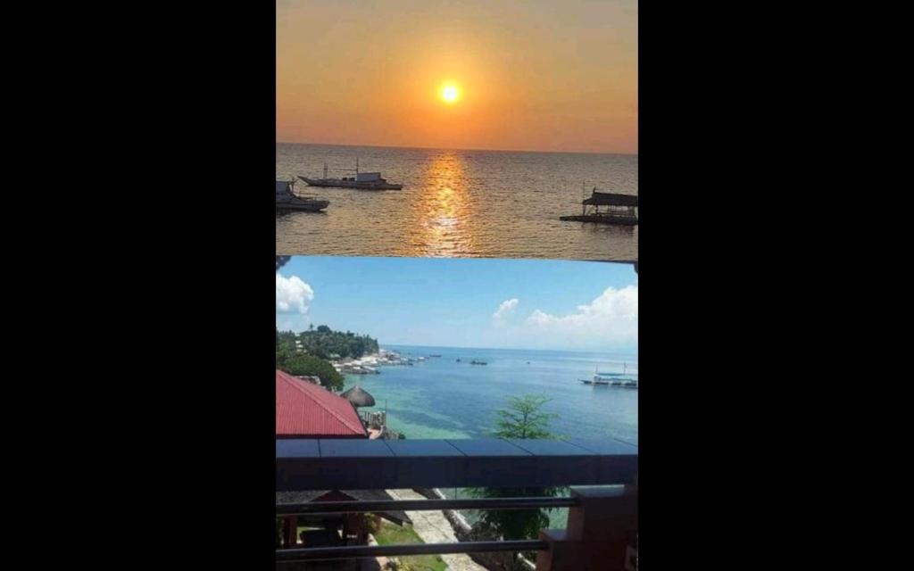 two pictures of a sunset and a view of the ocean at Sunset Vista Sea Front Guest House in Camotes Islands