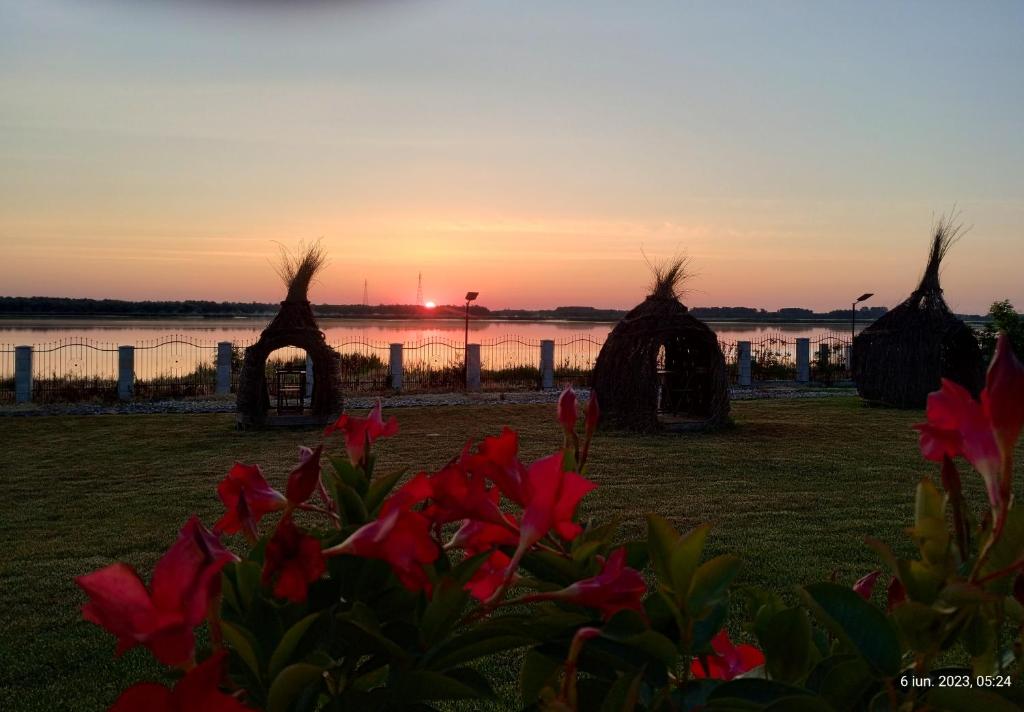 a sunset with two huts and flowers in a field at Casa de la ghiol in Murighiol