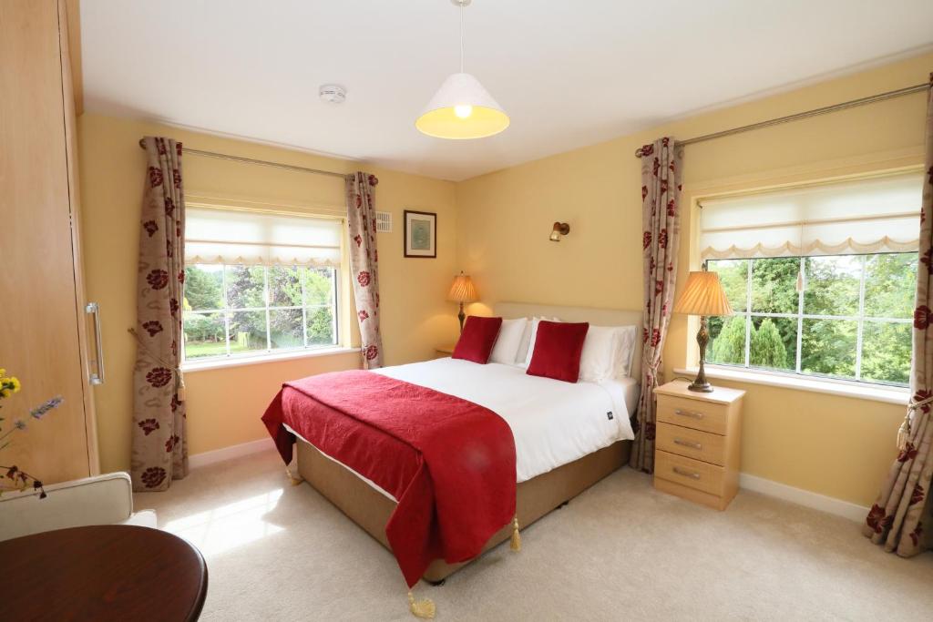 1 dormitorio con 1 cama y 2 ventanas en Blackrath Farmhouse, en Dún Luáin
