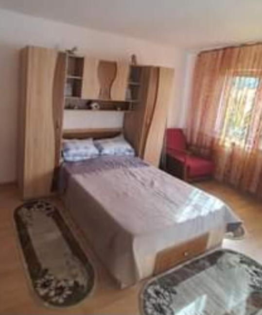 a bedroom with a large bed and a red chair at garsoniera CxM house in Băile Herculane