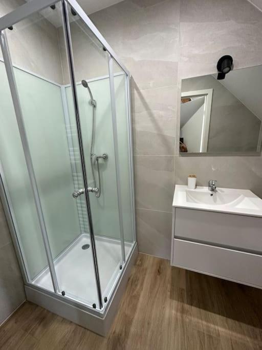 a bathroom with a glass shower and a sink at Beau Studio Cosy proche frontière Suisse in Villers-le-Lac