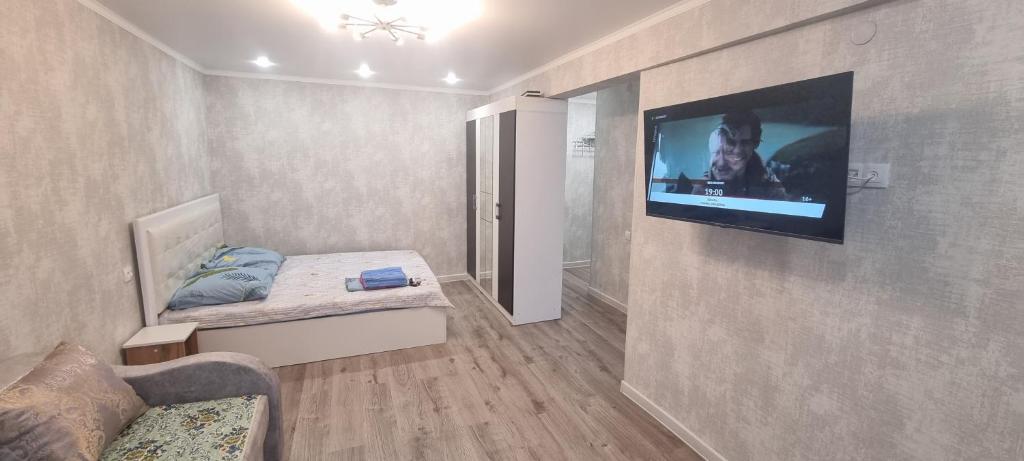 Habitación pequeña con TV en la pared en 1 комнатная квартира со всеми удобствами, en Baljash