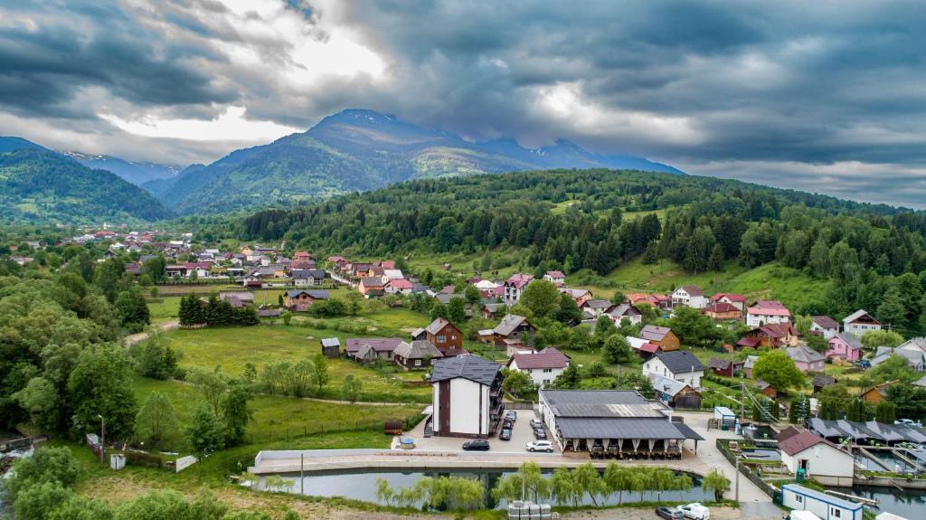 an aerial view of a small village in the mountains at Complex Pescăresc Gura Repezii Borșa in Borşa