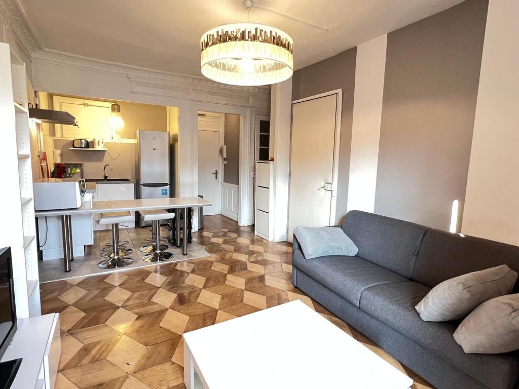 un salon avec un canapé et une cuisine dans l'établissement T1 moderne, cosy au centre-ville d'Aix-les-Bains, proche des thermes et commerces! - FR-1-555-33, à Aix-les-Bains