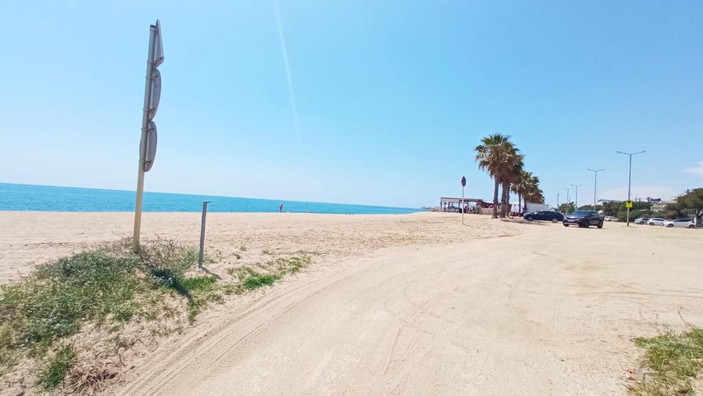 a dirt road leading to a beach with palm trees at Apartment 50m from the beach by Lofties in Pineda de Mar