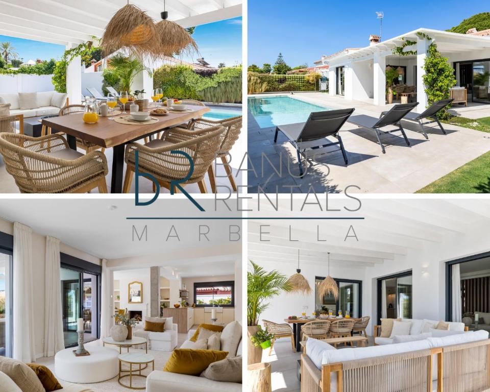 a collage of photos of a villa with a living room and a patio at Casa Las Palmeras in Marbella