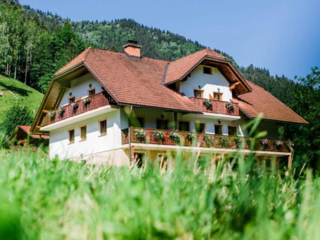 une maison avec un toit rouge sur une colline dans l'établissement Country house - Turistična kmetija Ambrož Gregorc, à Solčava