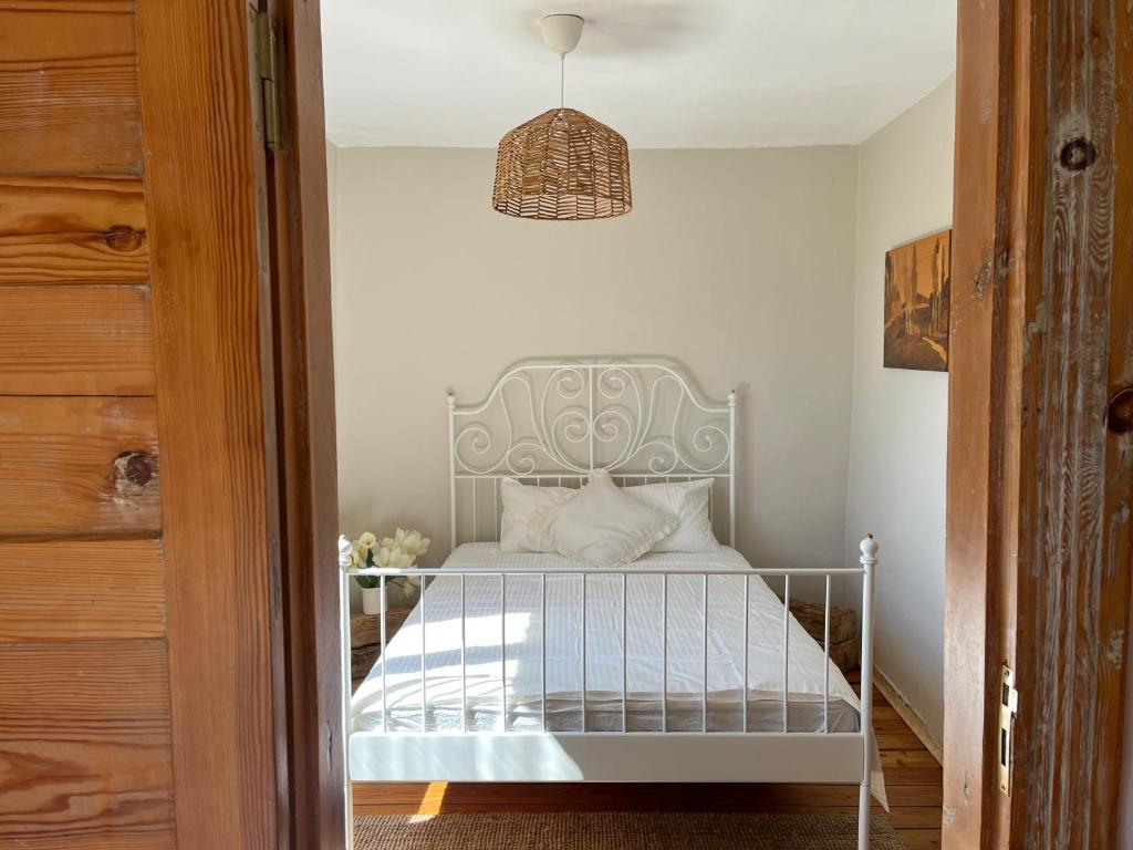 een slaapkamer met een bed met een hanglamp bij Katrina Summer House in Jūrmalciems