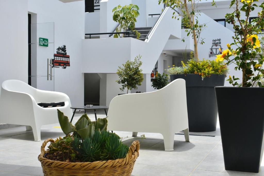 an office with two white chairs and potted plants at Zoi Ayia Napa in Ayia Napa