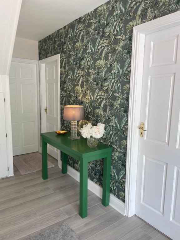 a green table in a room with a green wall at Luxury Apartment, bed and breakfast in Galway