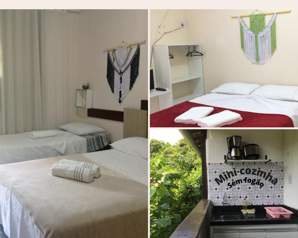 twee foto's van een hotelkamer met twee bedden bij Suítes Viver Bahia Morro Sao Paulo in Morro de São Paulo