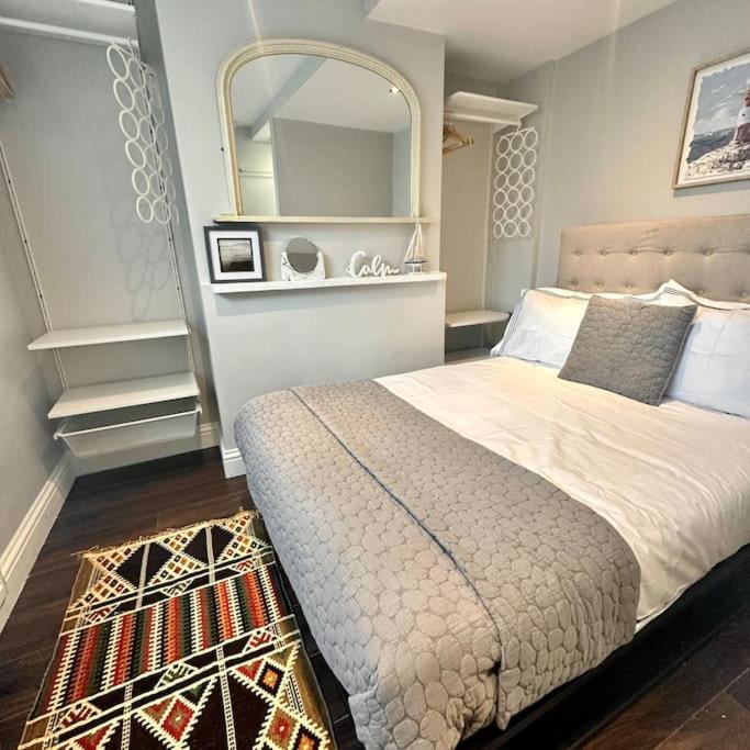 ein Schlafzimmer mit einem Bett mit einem Spiegel und einem Teppich in der Unterkunft Cosy Central flat in the heart of Brighton in Brighton & Hove
