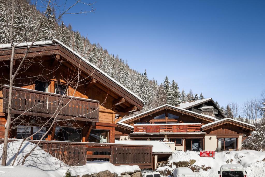 une cabane en rondins en hiver avec de la neige dans l'établissement Chalet Chardonnet, à Chamonix-Mont-Blanc