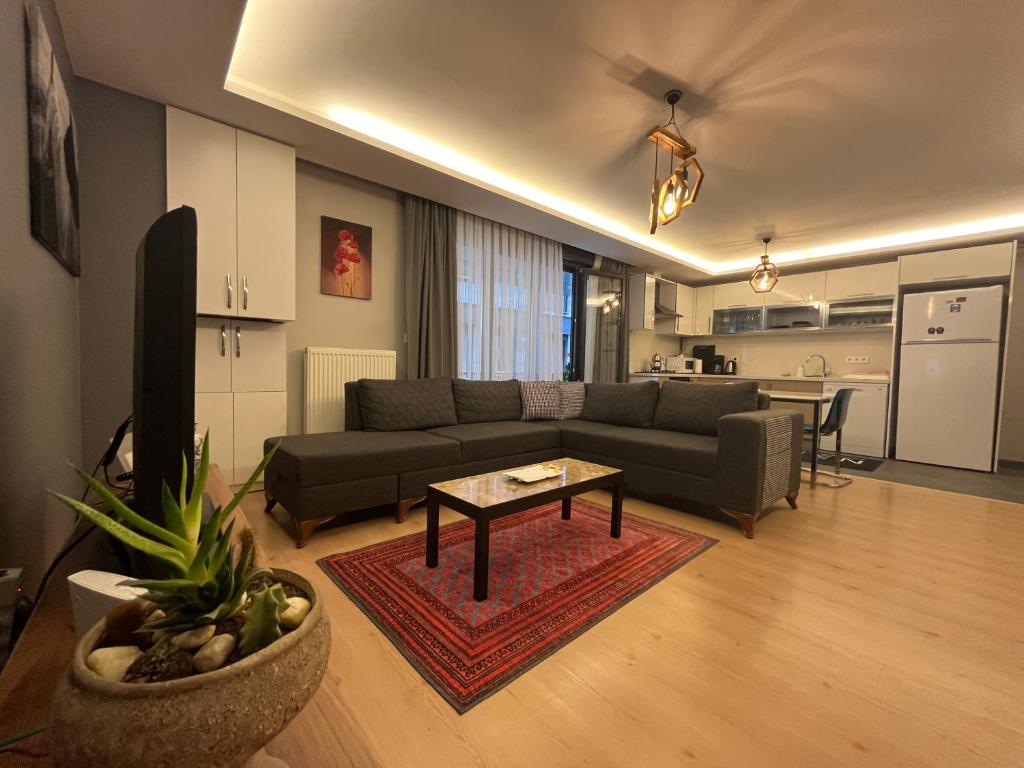a living room with a couch and a table at cozy unique flat hGyHomes1107 close to the memoriall hospital at the city center in Istanbul