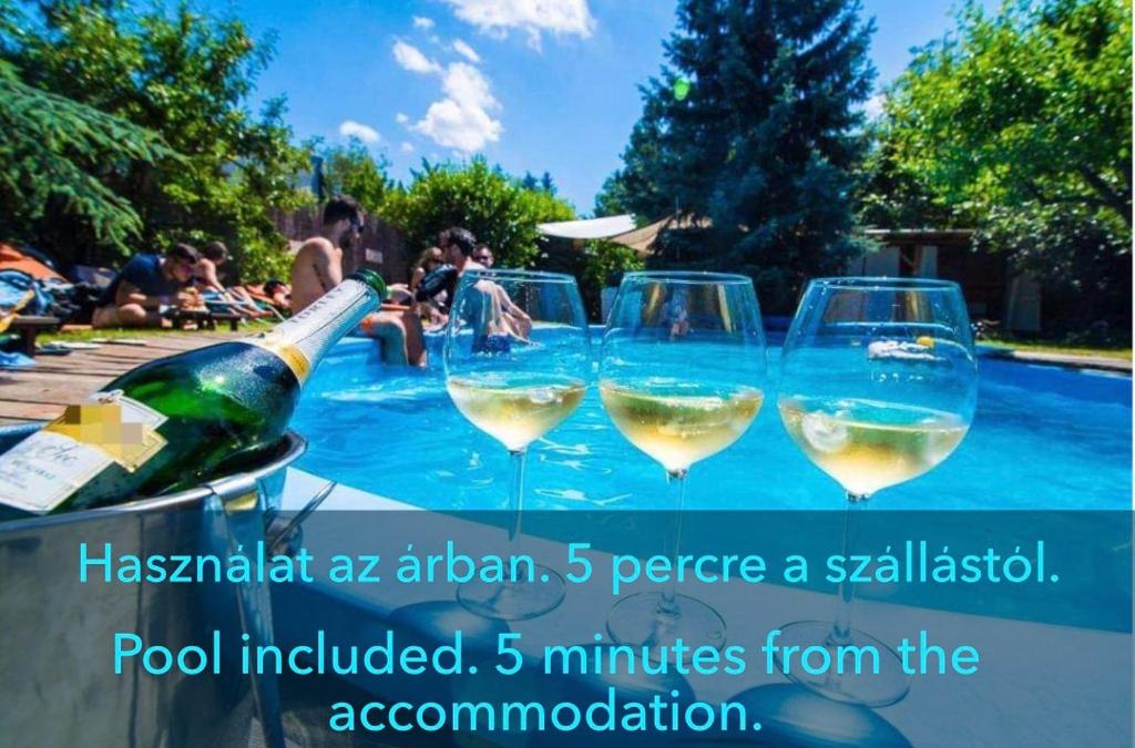 three glasses of white wine next to a swimming pool at Central Residence in Sopron