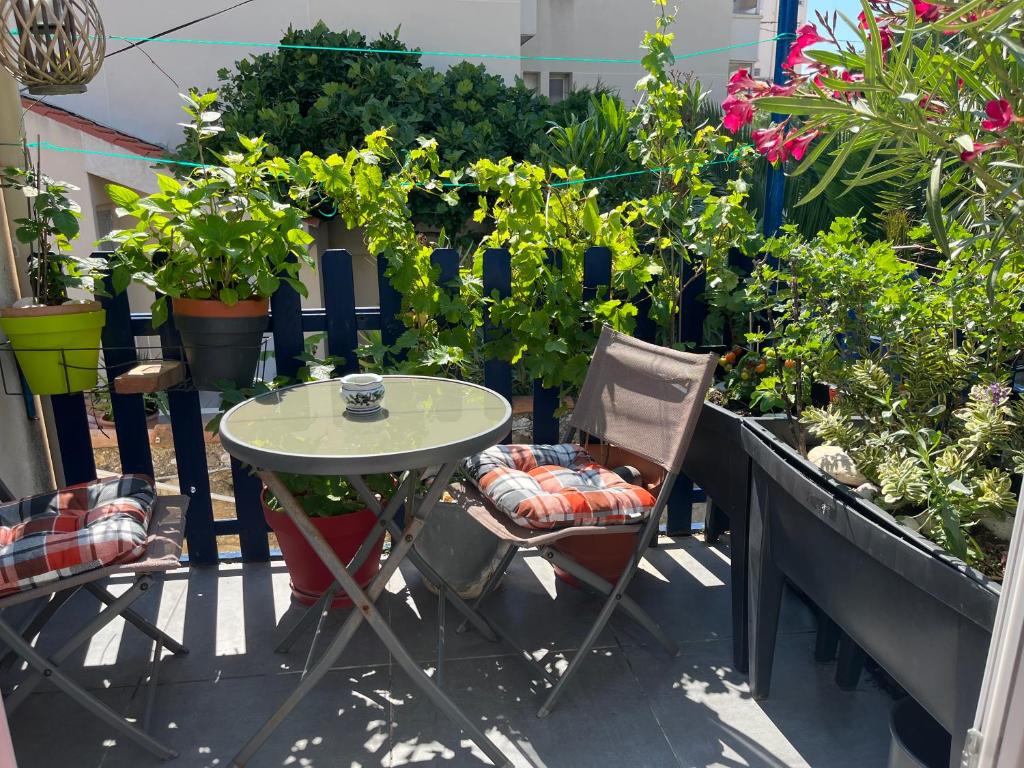 un tavolo e sedie su un balcone con piante di les hauts de malmousque a Marsiglia
