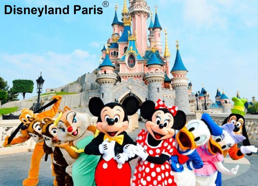 a group of mario and mickeys in front of disneyland parks at Les Nympheas, appart, grand jardin au calme, parking gratuit,15 min Disneyland, in Crécy-la-Chapelle