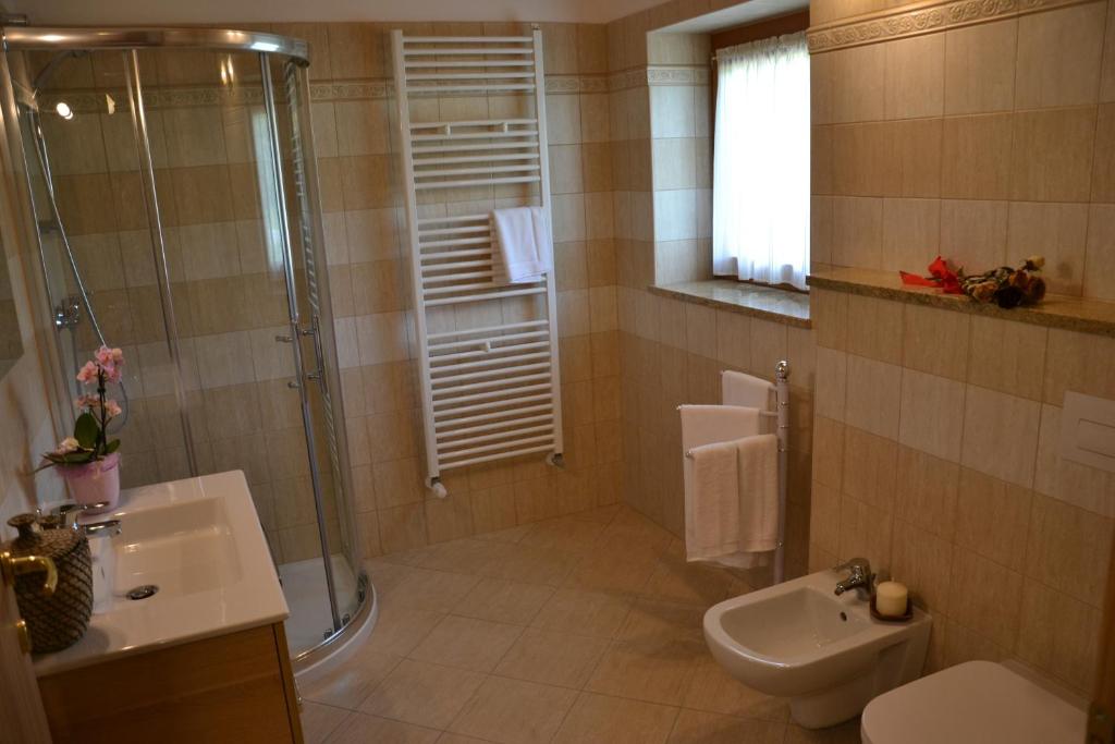 a bathroom with a shower and a toilet and a sink at Agriturismo Gradec in Aurisina