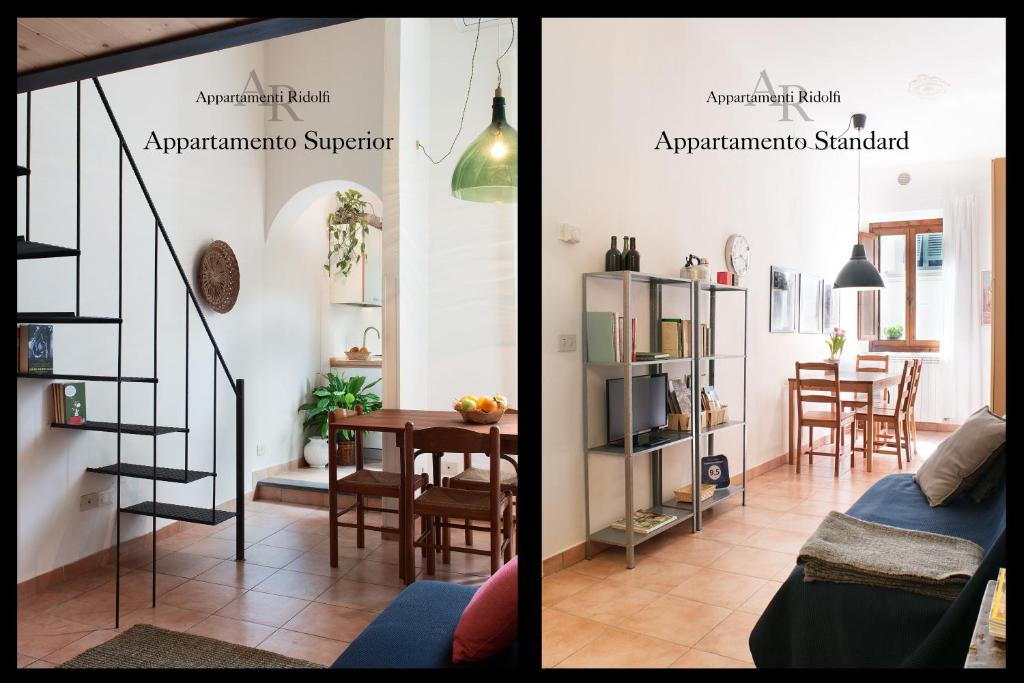 2 imágenes de una sala de estar y un apartamento con una escalera de caracol en Appartamenti Ridolfi, en Empoli