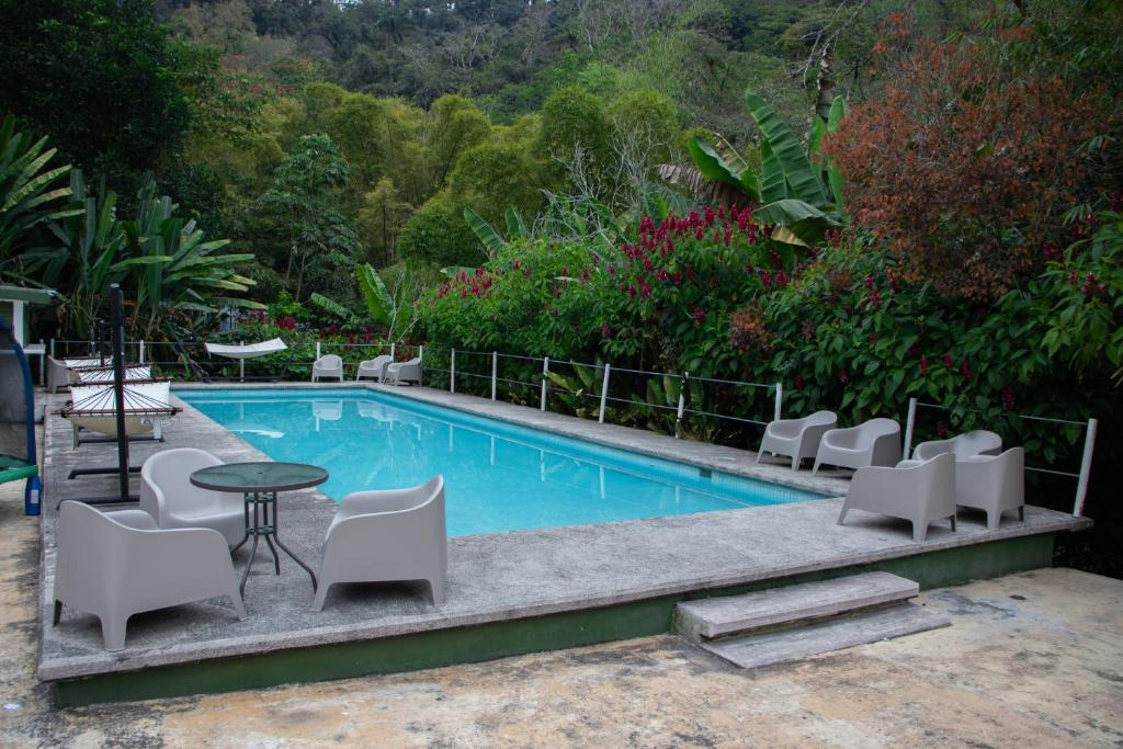 una piscina con sillas blancas, mesa, mesa y sillas en HOTEL CERVECERIA JAMES, en Xilitla