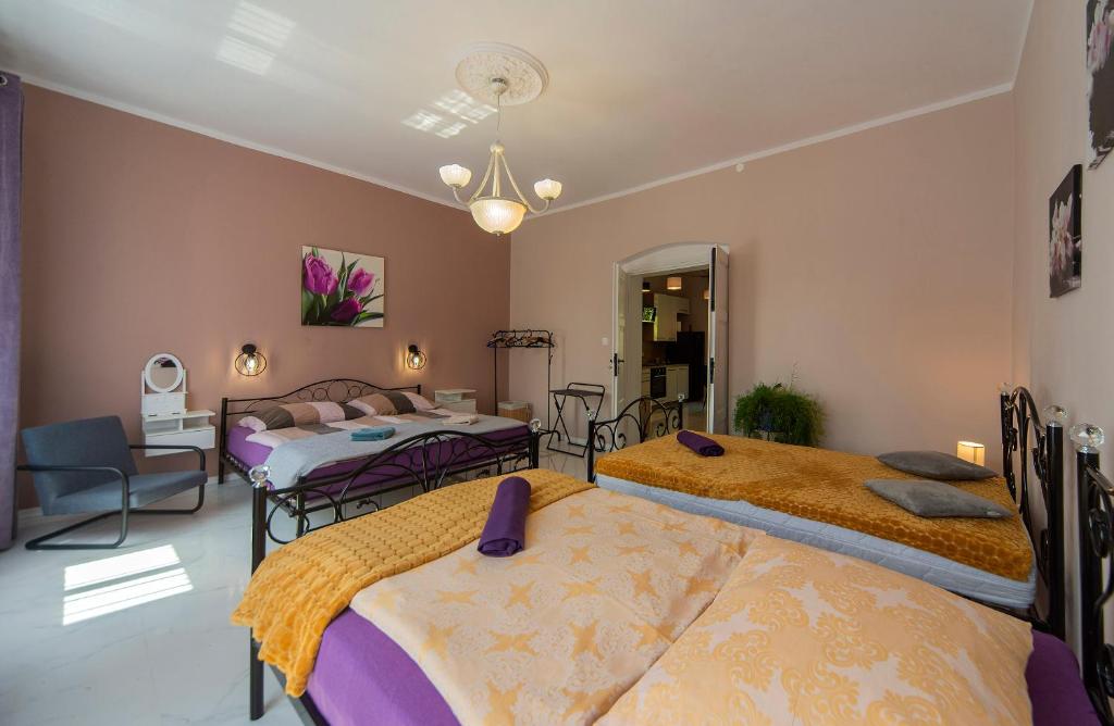 耶德利納茲德魯伊的住宿－Apartament GRACJA w Jedlinie Zdrój，一间带两张床的卧室和一间客厅