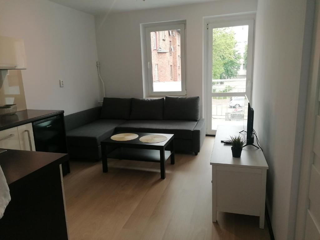 a living room with a couch and a table at Alicja apartament in Siemianowice Śląskie