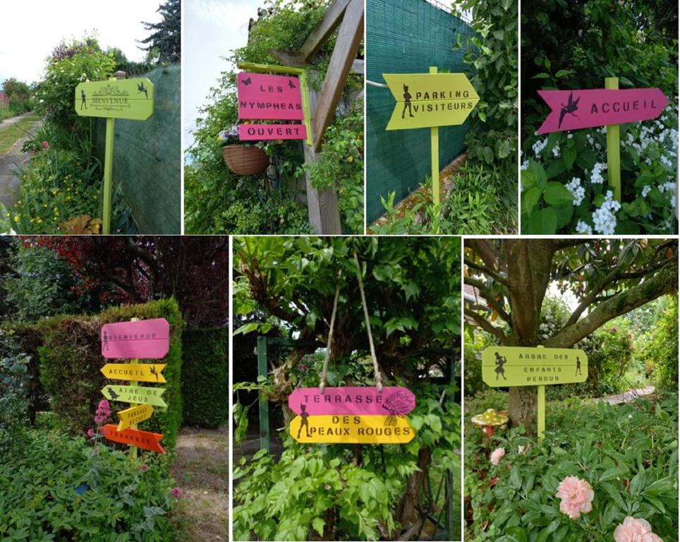 a collage of photos of signs in a garden at Les Nympheas, appart, grand jardin au calme, parking gratuit,15 min Disneyland, in Crécy-la-Chapelle