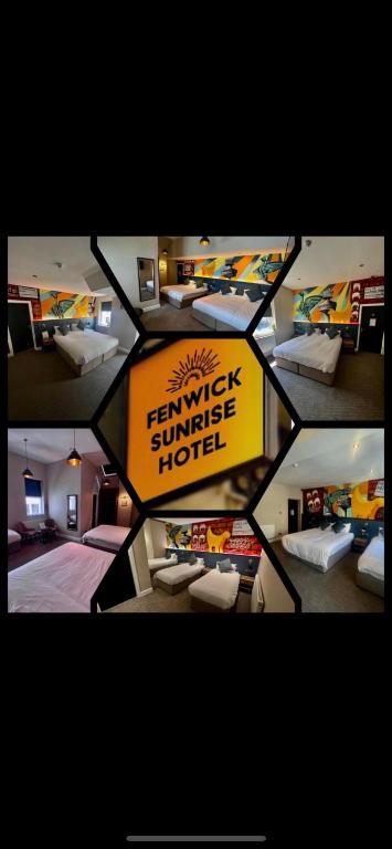 a collage of photos of a hotel room with beds at Fenwick Sunrise Hotel in Liverpool