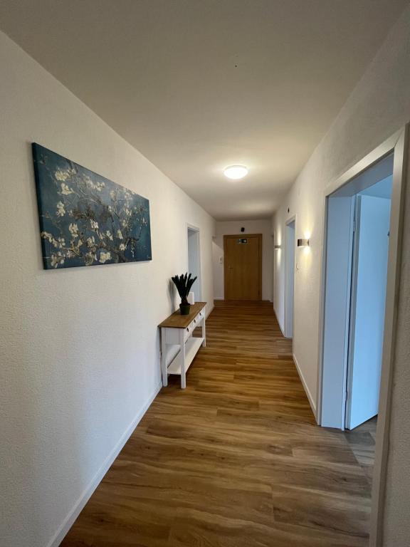 een hal met witte muren en een schilderij aan de muur bij Aspava Apartments in Günzburg