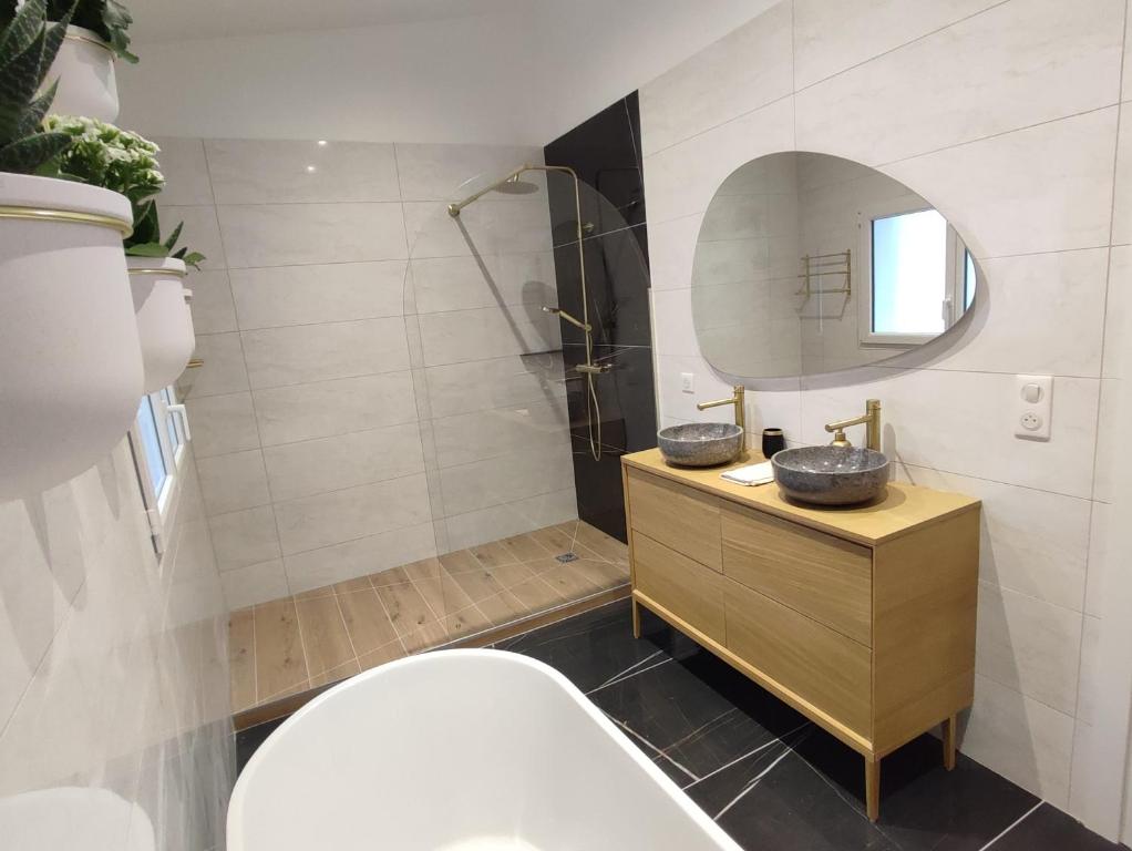 a bathroom with a toilet and a sink and a mirror at Appartement Le Secret, Proche Sanctuaires in Lourdes