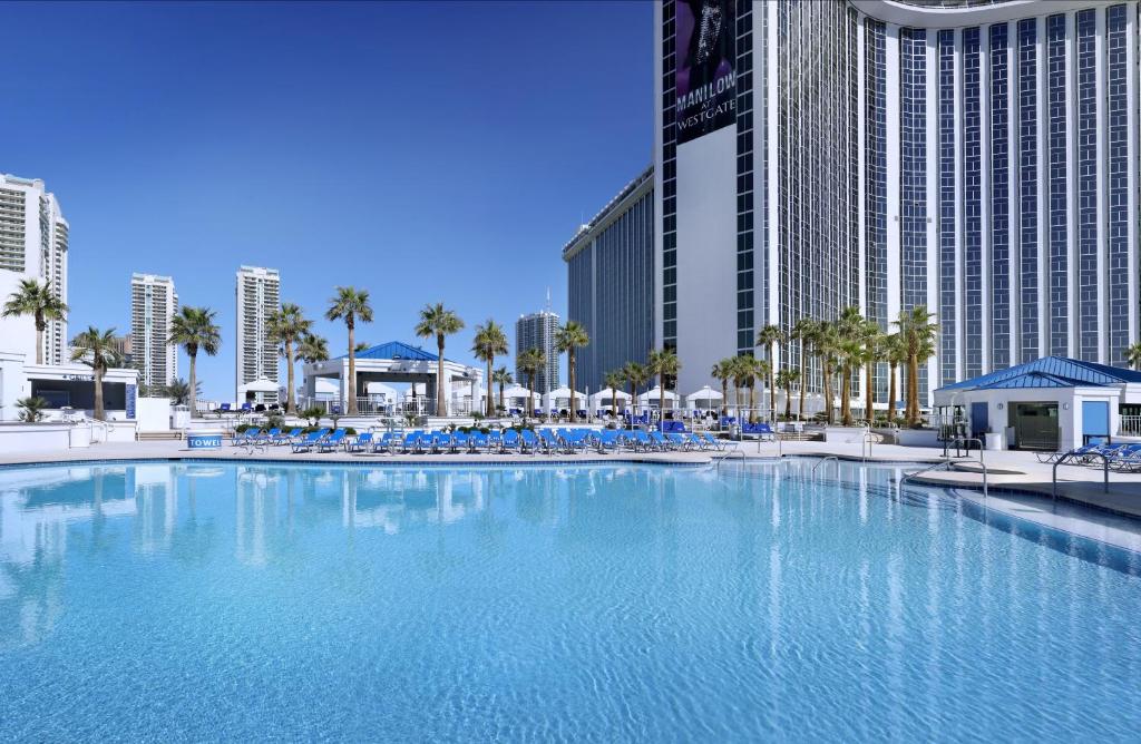 a large swimming pool in front of a hotel at Westgate Las Vegas Resort and Casino in Las Vegas