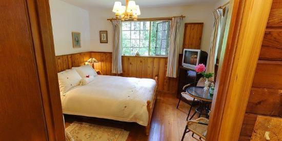 a bedroom with a bed and a table with a television at Cedar Song B&B in Parksville