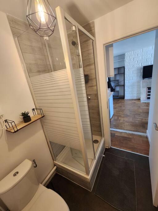 a bathroom with a toilet and a walk in shower at L&#39;Escale Lafayette - Appartement Rive Gauche in Rouen