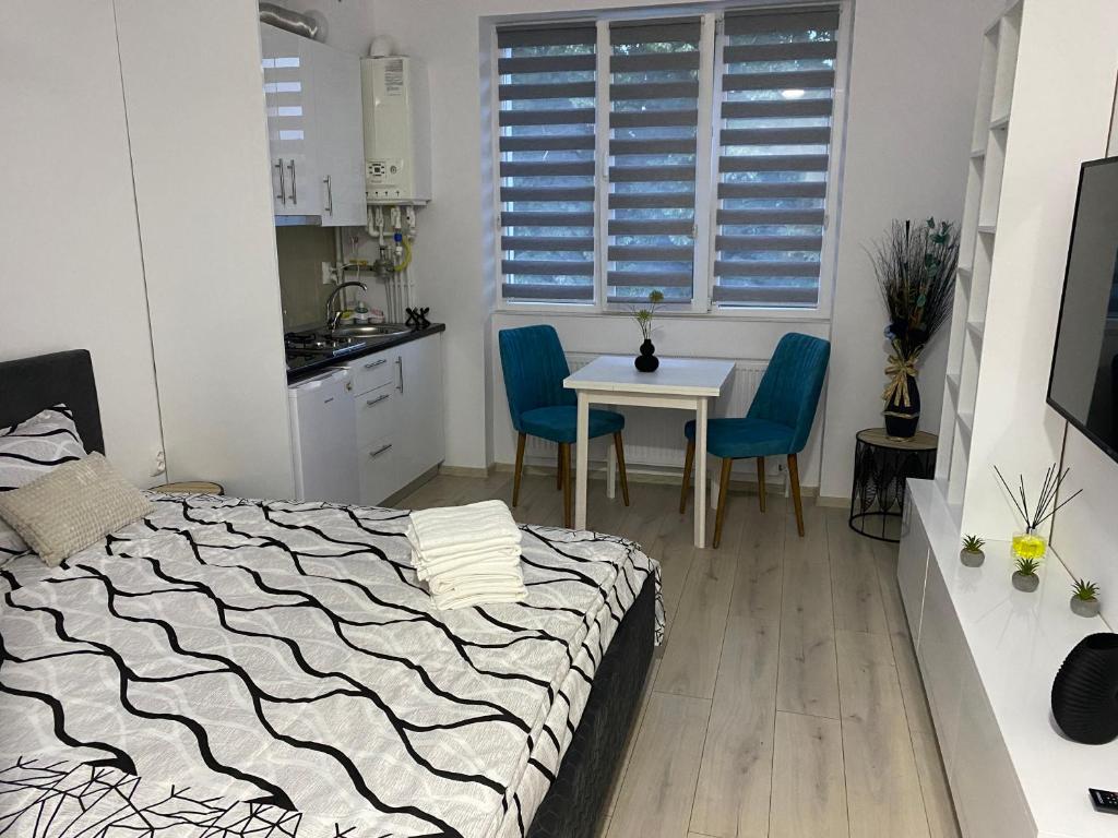 1 dormitorio con 1 cama, mesa y sillas en Monica Studio, en Onești