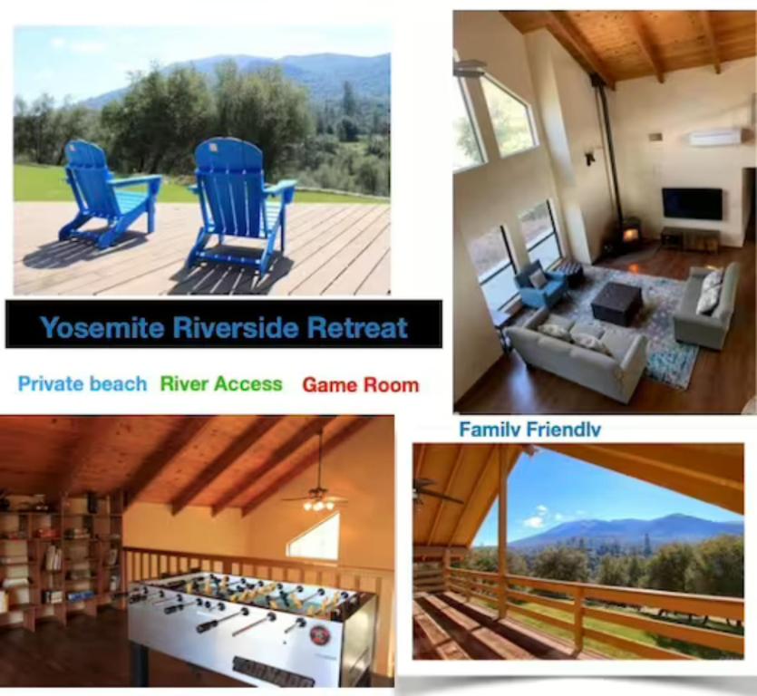 a collage of four pictures of a house at Yosemite Riverside Retreat with small beach access and air conditioning in Oakhurst