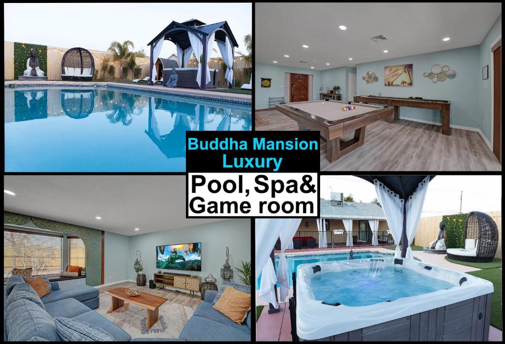 a collage of pictures of a swimming pool and a house at Buddha Mansion Luxury Resort - 8BR Modern, HotTub, Huge pool, Sauna, BBQ grill, Game Room in Las Vegas