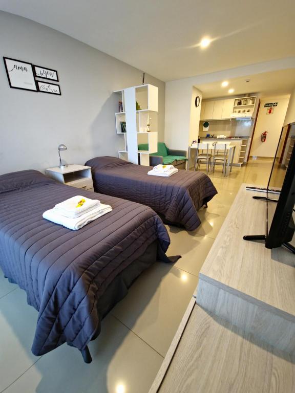 Habitación de hotel con 2 camas y cocina en Temporales Ushuaia - Goleta en Ushuaia