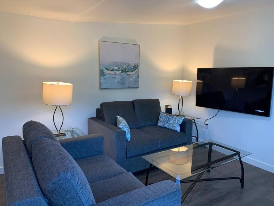 sala de estar con sofá azul y TV en Cosy country mobile home on 18 acres farm sleeps 5, en Port Alberni