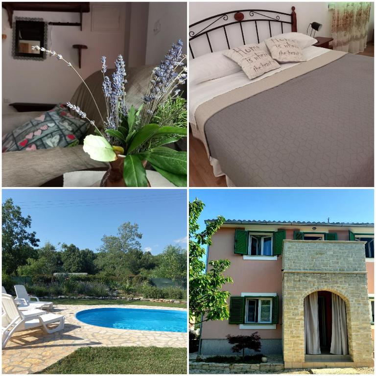 a collage of photos with a bed and a house at Villa Malini in Grožnjan