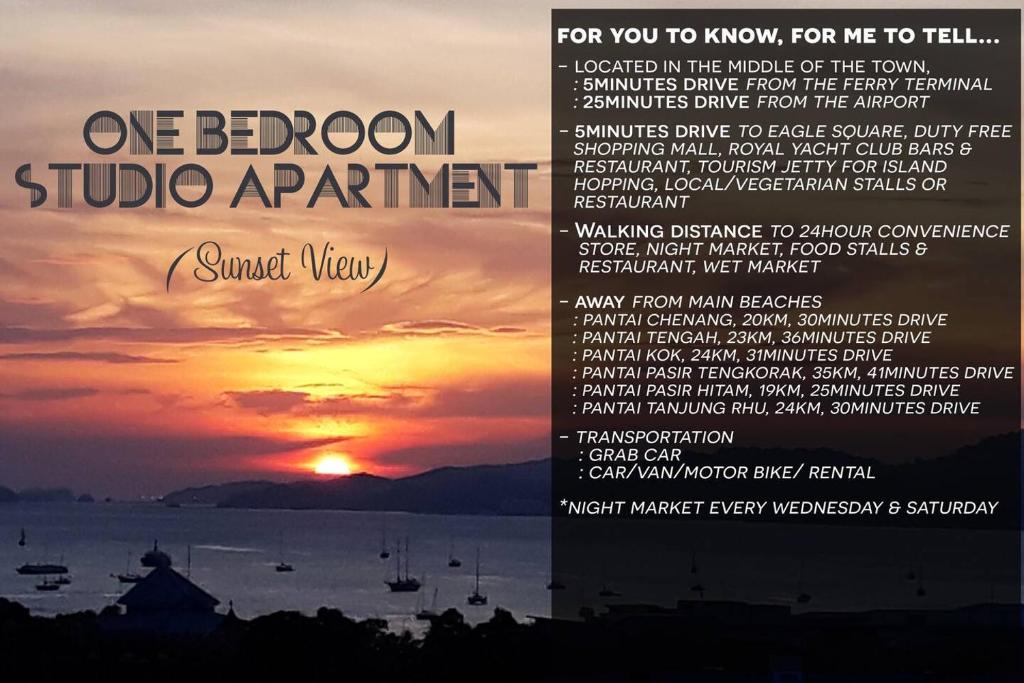Ein Flyer für ein Studio-Apartment mit Blick auf den Sonnenuntergang in der Unterkunft 1Bedroom SeaView StudioApartment in Kuah