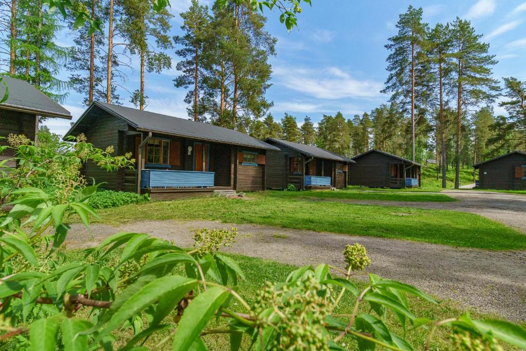 eine Gruppe von Cottages im Wald mit Bäumen in der Unterkunft Rauhalahti Holiday Cottages in Kuopio