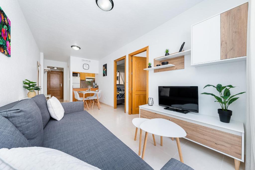 salon z kanapą i telewizorem w obiekcie Apartament Playa de Los Locos w mieście Torrevieja