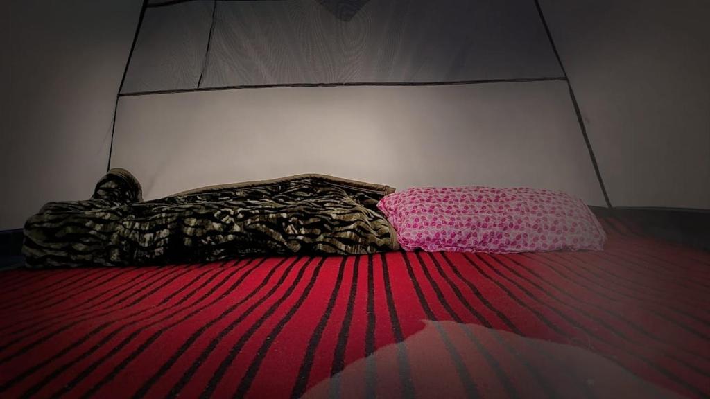 a bed with a pink blanket on top of it at Brown bear camping gurez in Kanzalwan
