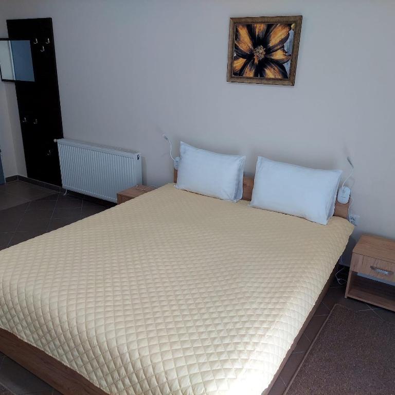 - un lit avec deux oreillers et une photo sur le mur dans l'établissement Fermelor Residence, à Piatra Neamţ