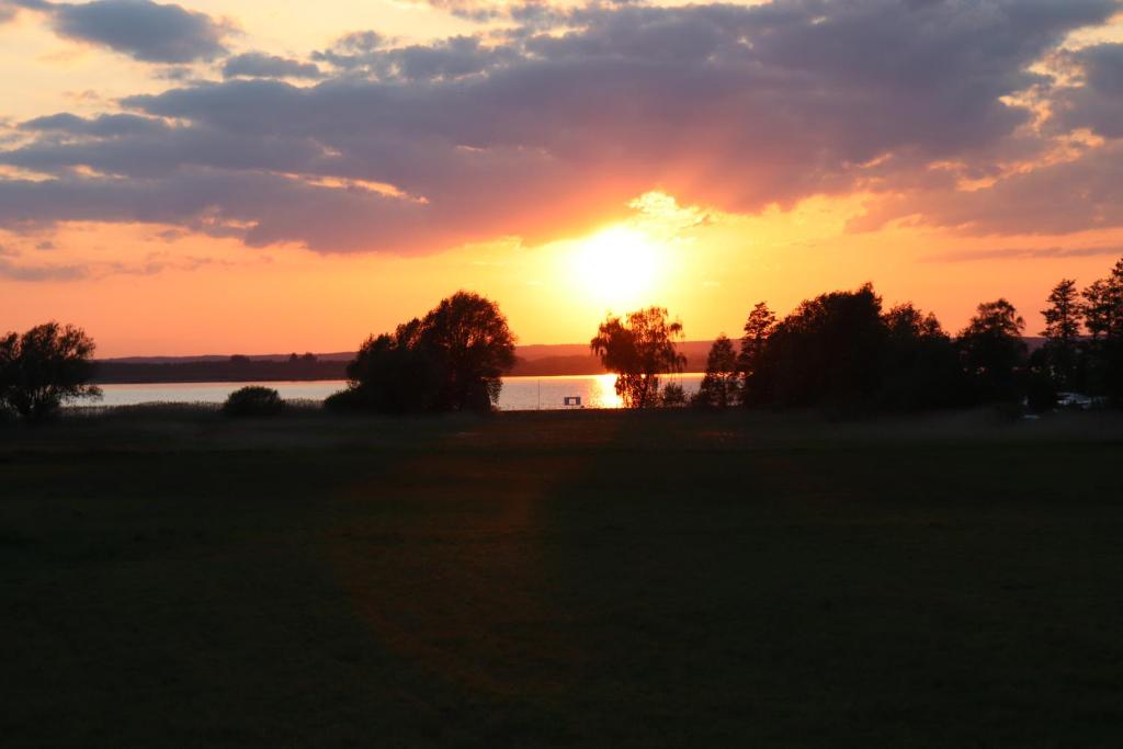 una puesta de sol sobre un campo junto a un cuerpo de agua en Dümmerblick, en Hüde