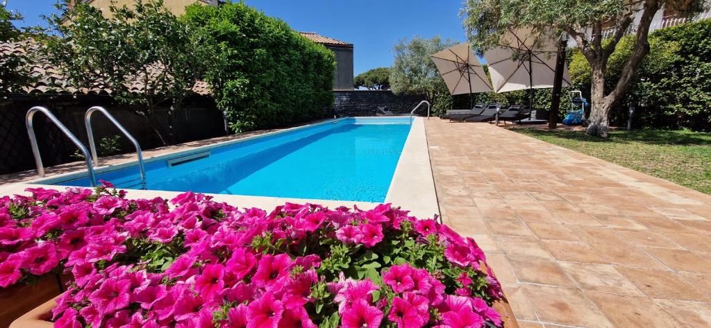 a swimming pool with pink flowers in a yard at Villa con fascino antico e comfort moderno in Trecastagni