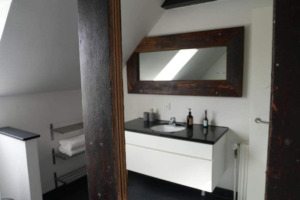 a bathroom with a sink and a mirror at Penthouselejlighed midt i Vejle in Vejle