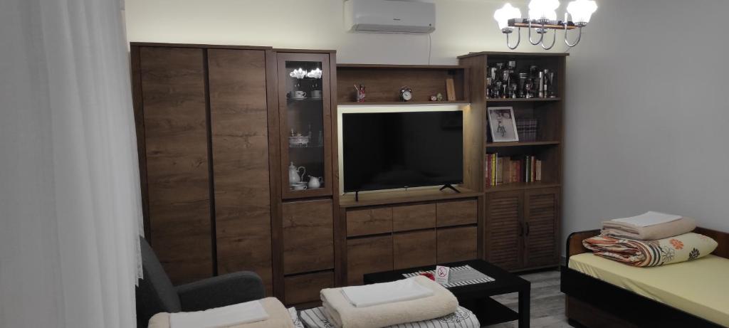 een woonkamer met een entertainmentcentrum met een televisie bij TP Apartman 1 in Križevci