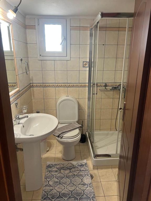 łazienka z toaletą, umywalką i prysznicem w obiekcie Faidra's House w mieście Leukada (miasto)